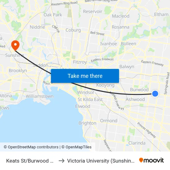 Keats St/Burwood Hwy #69 to Victoria University (Sunshine Campus) map