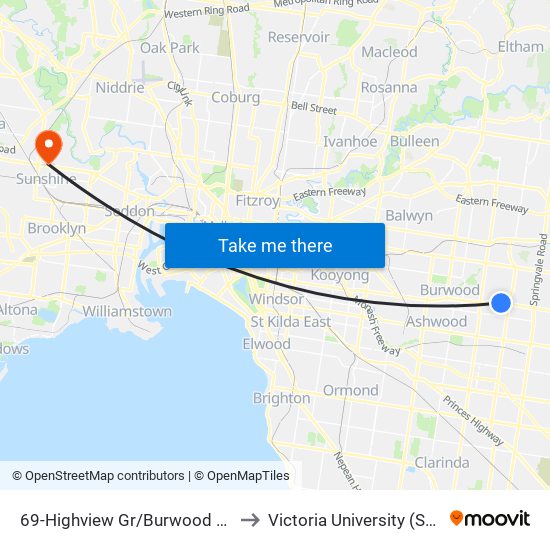 69-Highview Gr/Burwood Hwy (Burwood East) to Victoria University (Sunshine Campus) map