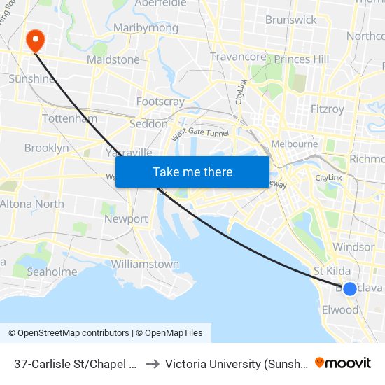 37-Carlisle St/Chapel St (St Kilda) to Victoria University (Sunshine Campus) map
