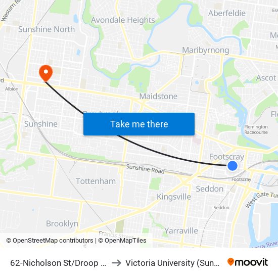 62-Nicholson St/Droop St (Footscray) to Victoria University (Sunshine Campus) map