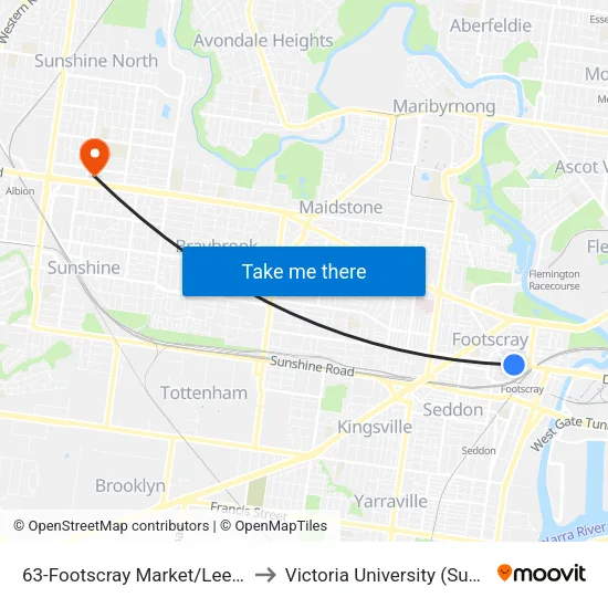 Footscray Market/Leeds St #63 to Victoria University (Sunshine Campus) map