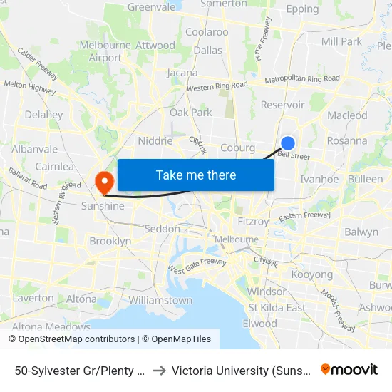 Sylvester Gr/Plenty Rd #50 to Victoria University (Sunshine Campus) map