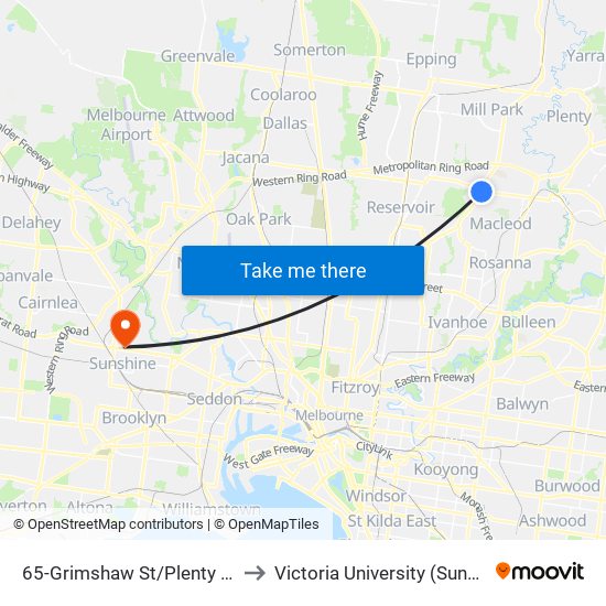 65-Grimshaw St/Plenty Rd (Bundoora) to Victoria University (Sunshine Campus) map