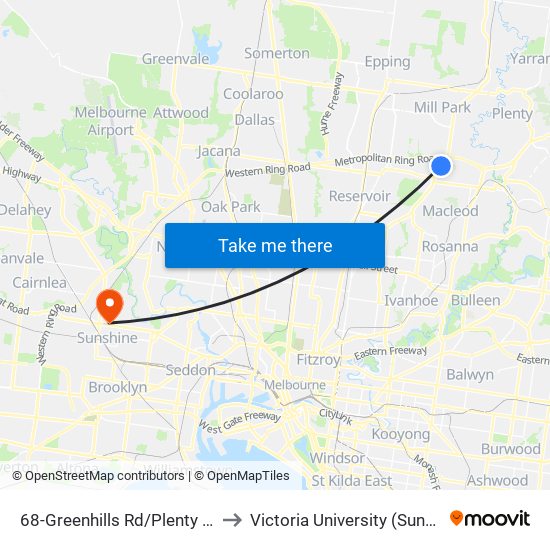 68-Greenhills Rd/Plenty Rd (Bundoora) to Victoria University (Sunshine Campus) map