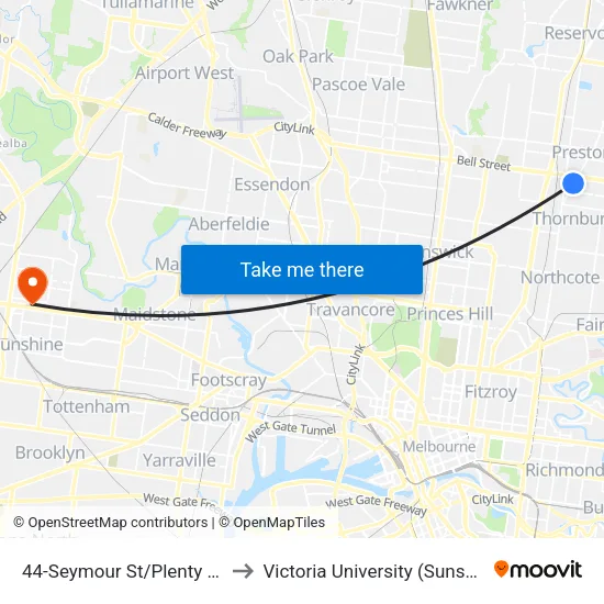 Seymour St/Plenty Rd #44 to Victoria University (Sunshine Campus) map