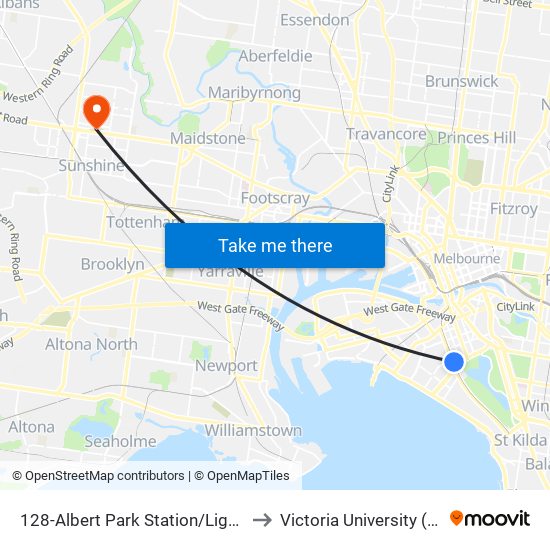 128-Albert Park Station/Light Rail (South Melbourne) to Victoria University (Sunshine Campus) map