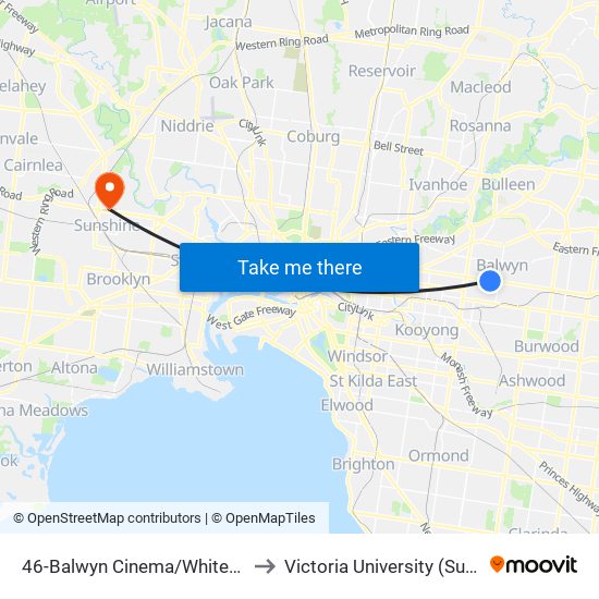 46-Balwyn Cinema/Whitehorse Rd (Balwyn) to Victoria University (Sunshine Campus) map