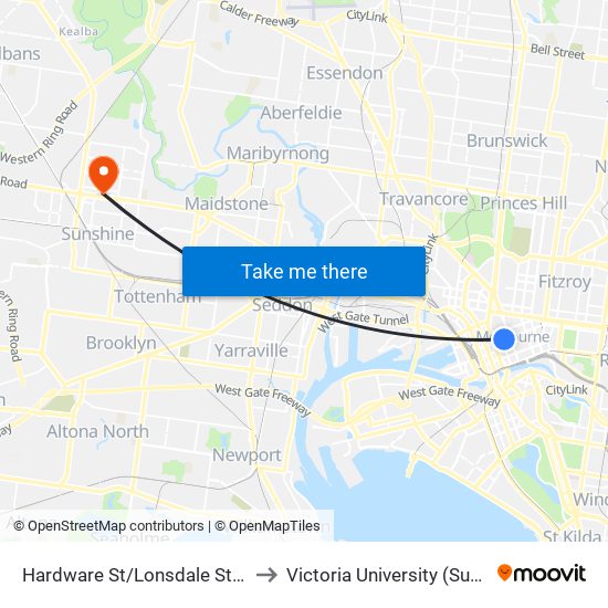 Hardware St/Lonsdale St (Melbourne City) to Victoria University (Sunshine Campus) map