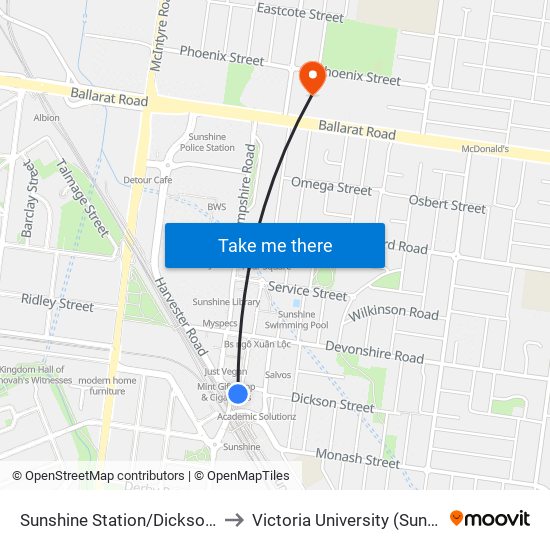 Sunshine Station/Dickson St (Sunshine) to Victoria University (Sunshine Campus) map