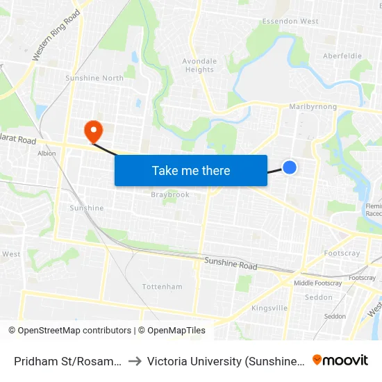 Pridham St/Rosamond Rd to Victoria University (Sunshine Campus) map