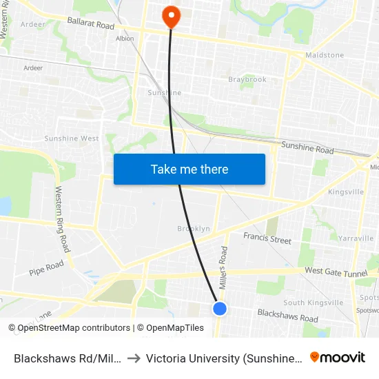 Blackshaws Rd/Millers Rd to Victoria University (Sunshine Campus) map