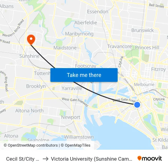 Cecil St/City Rd to Victoria University (Sunshine Campus) map