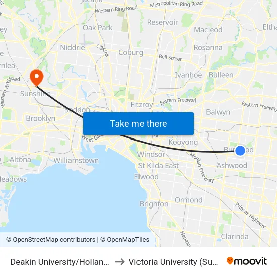 Deakin University/Holland Ave to Victoria University (Sunshine Campus) map