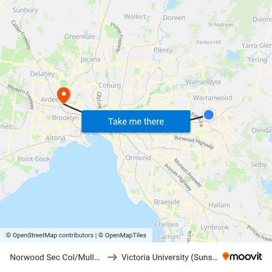 Norwood Sec Col/Mullum Mullum Rd to Victoria University (Sunshine Campus) map