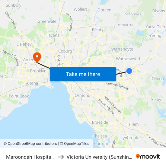 Maroondah Hospital/Grey St to Victoria University (Sunshine Campus) map