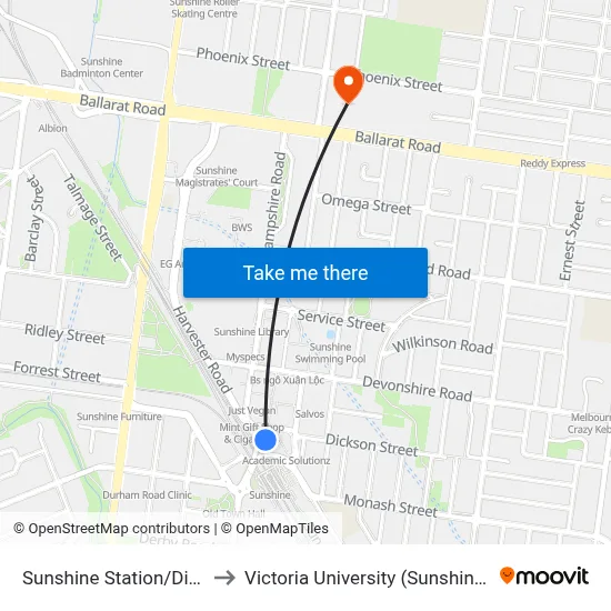 Sunshine Station/Dickson St to Victoria University (Sunshine Campus) map