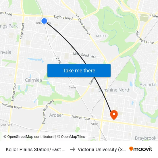 Keilor Plains Station/East Esplanade to Victoria University (Sunshine Campus) map