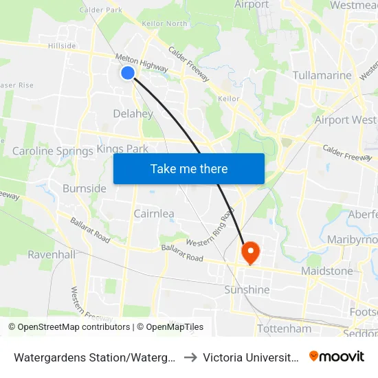 Watergardens Station/Watergardens Circuit Rd to Victoria University (Sunshine Campus) map