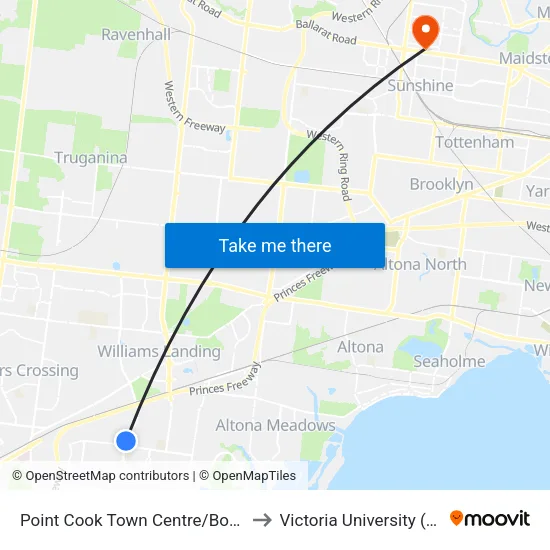 Point Cook Shopping Centre/Boardwalk Bvd to Victoria University (Sunshine Campus) map