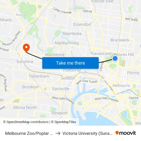 Melbourne Zoo/Poplar Rd to Victoria University (Sunshine Campus) map