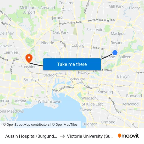 Austin Hospital/Burgundy St to Victoria University (Sunshine Campus) map