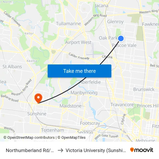 Northumberland Rd/Pascoe St to Victoria University (Sunshine Campus) map