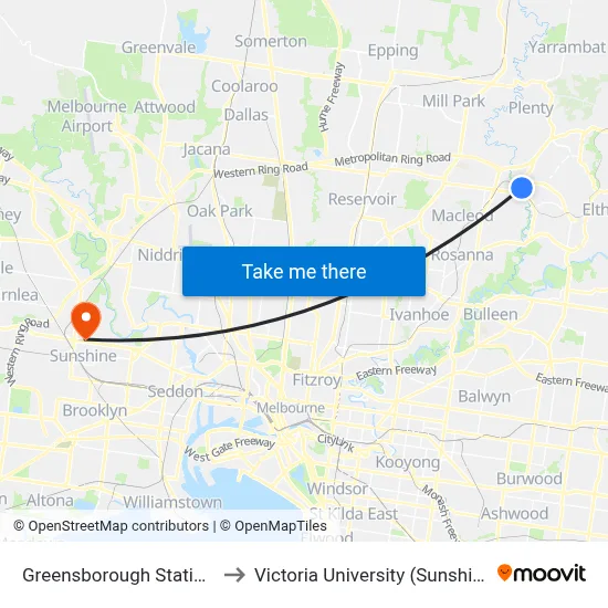 Greensborough Station/Main St to Victoria University (Sunshine Campus) map