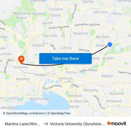 Martins Lane/Winston Rd to Victoria University (Sunshine Campus) map