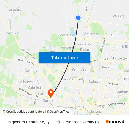 Craigieburn Central Sc/Lygon Dr to Victoria University (Sunshine Campus) map