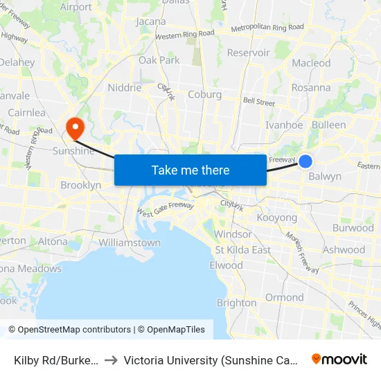 Kilby Rd/Burke Rd to Victoria University (Sunshine Campus) map