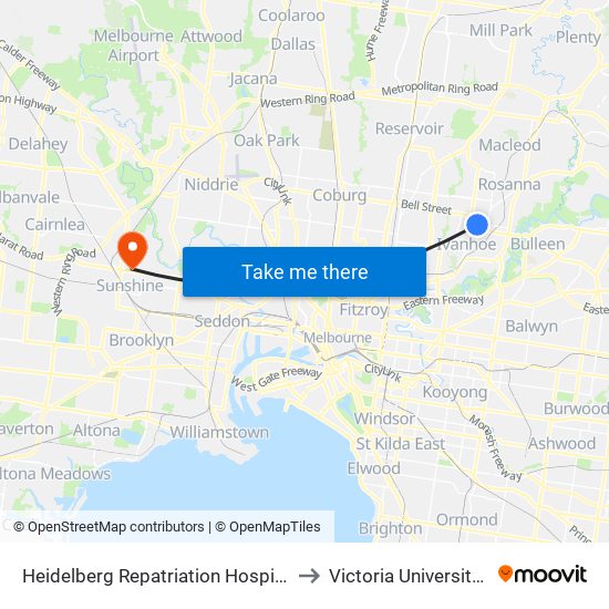 Heidelberg Repatriation Hospital/Edwin St (Heidelberg Heights) to Victoria University (Sunshine Campus) map