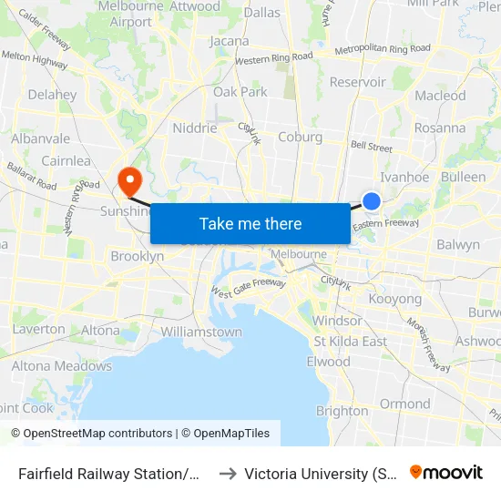 Fairfield Station/Wingrove St to Victoria University (Sunshine Campus) map
