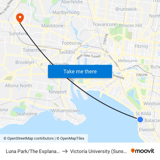 Luna Park/The Esplanade (St Kilda) to Victoria University (Sunshine Campus) map