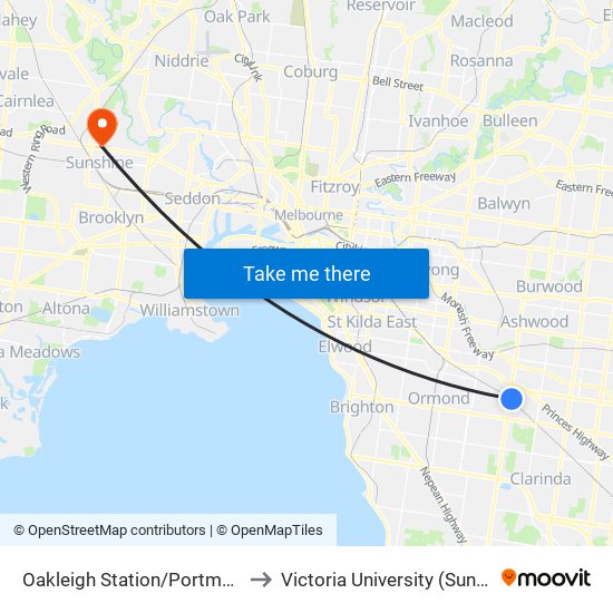 Oakleigh Station/Portman St (Oakleigh) to Victoria University (Sunshine Campus) map