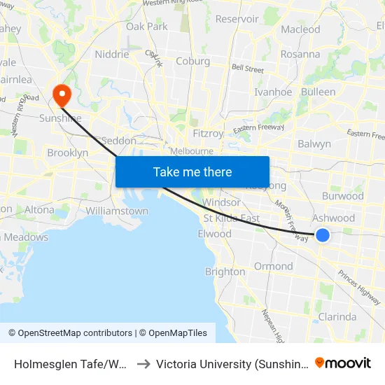 Holmesglen Tafe/Warrigal Rd to Victoria University (Sunshine Campus) map