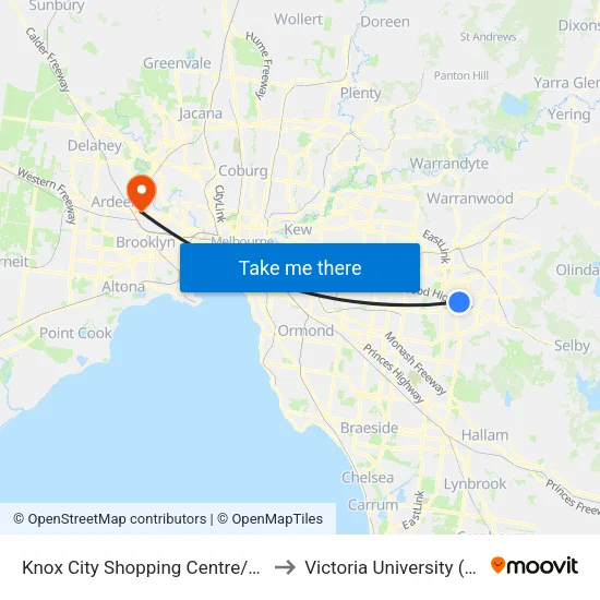 Knox City Shopping Centre/Stud Rd to Victoria University (Sunshine Campus) map