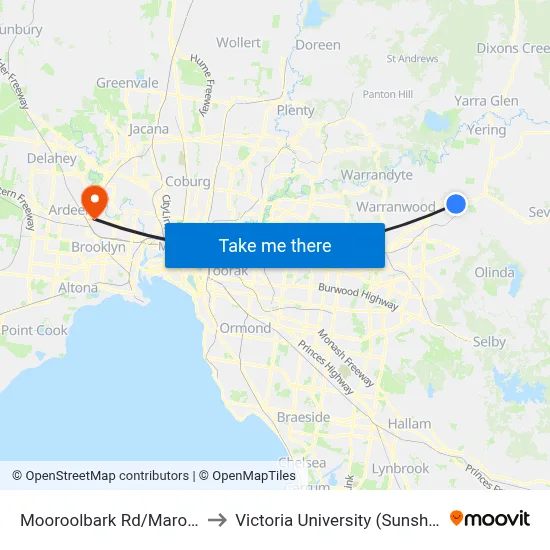 Mooroolbark Rd/Maroondah Hwy to Victoria University (Sunshine Campus) map