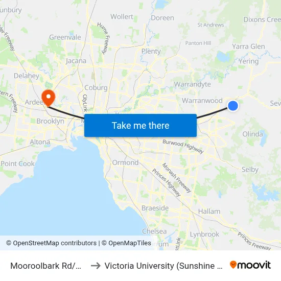 Mooroolbark Rd/Hull Rd to Victoria University (Sunshine Campus) map