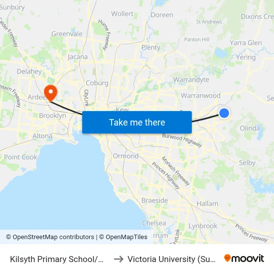 Kilsyth Primary School/Mt Dandenong Rd to Victoria University (Sunshine Campus) map