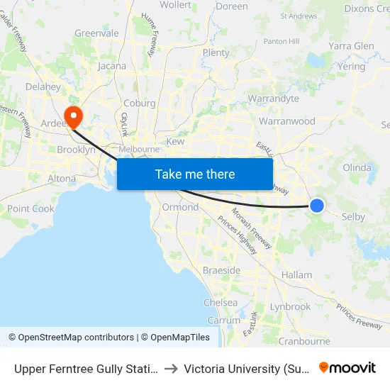 Upper Ferntree Gully Station/Burwood Hwy to Victoria University (Sunshine Campus) map