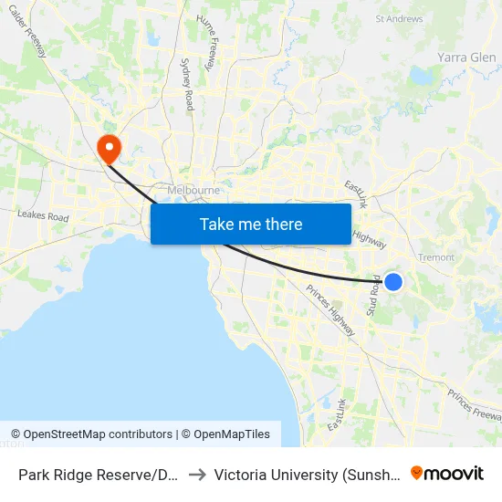 Park Ridge Reserve/Dandelion Dr to Victoria University (Sunshine Campus) map