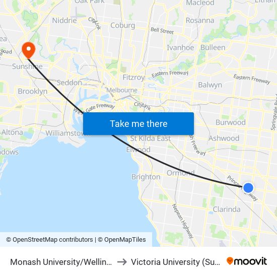 Monash University/Wellington Rd (Clayton) to Victoria University (Sunshine Campus) map