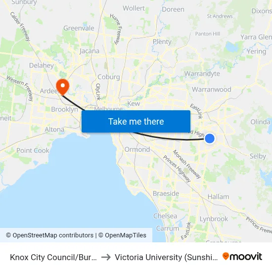Knox City Council/Burwood Hwy to Victoria University (Sunshine Campus) map