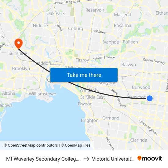 Mt Waverley Sec Col/Stephensons Rd to Victoria University (Sunshine Campus) map