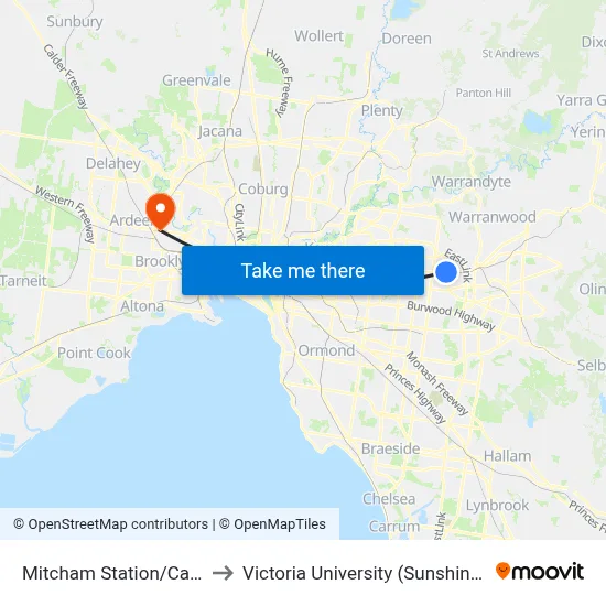 Mitcham Station/Calcutta St to Victoria University (Sunshine Campus) map