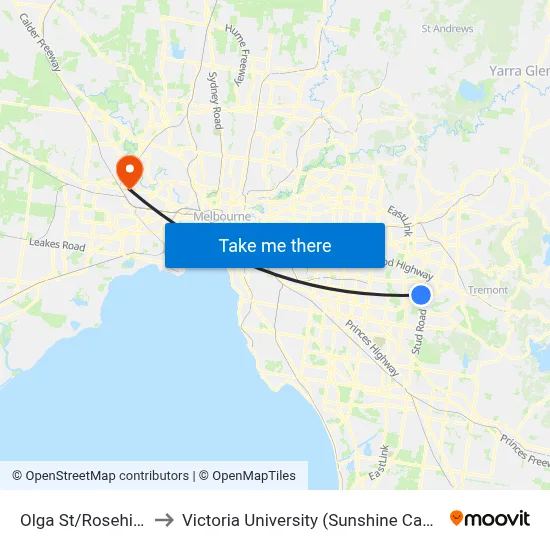 Olga St/Rosehill St to Victoria University (Sunshine Campus) map