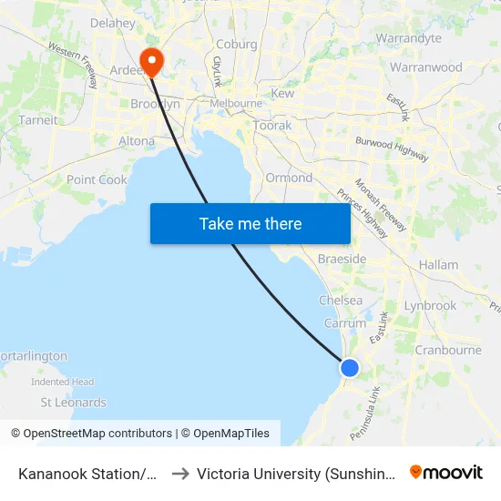 Kananook Station/Wells Rd to Victoria University (Sunshine Campus) map