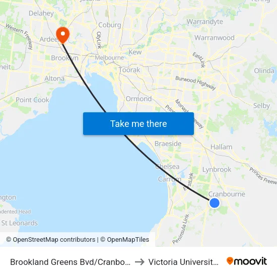 Brookland Greens Bvd/Cranbourne-Frankston Rd to Victoria University (Sunshine Campus) map