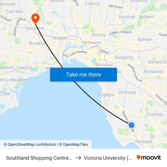 Southland Shopping Centre/Karen St (Cheltenham) to Victoria University (Sunshine Campus) map