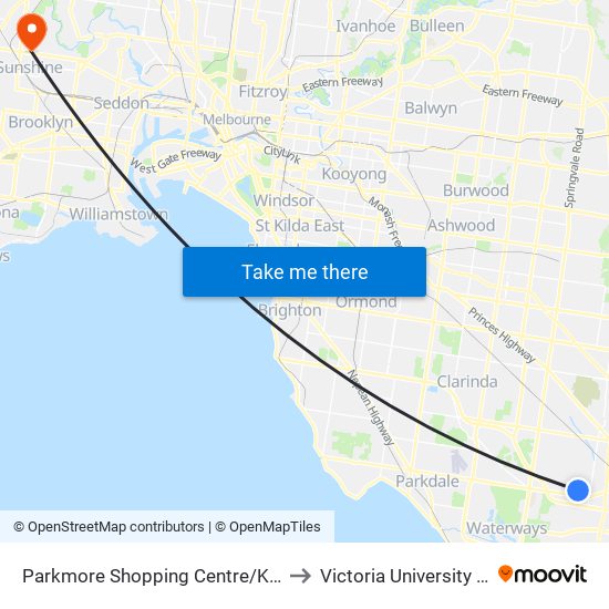 Parkmore Shopping Centre/Kingsclere Ave (Keysborough) to Victoria University (Sunshine Campus) map